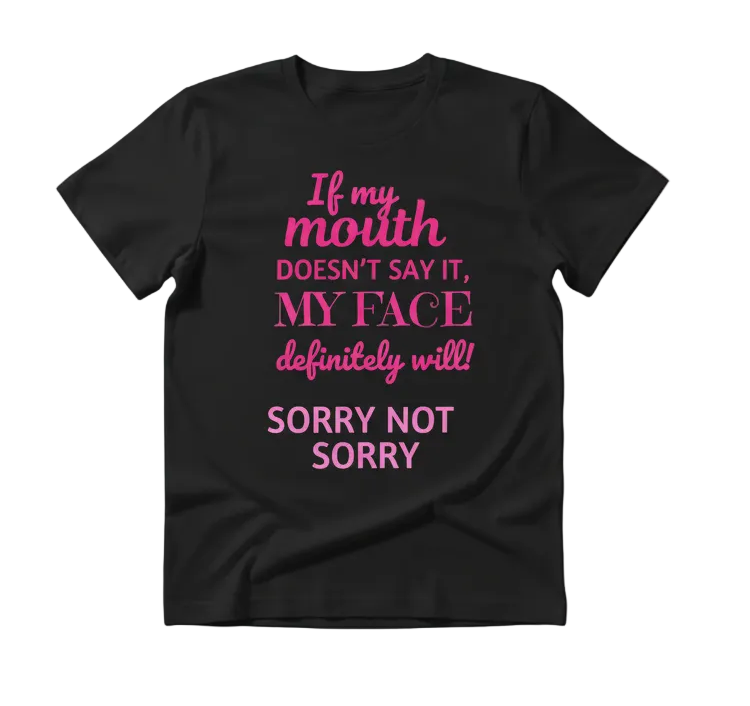 Black t-shirt with pink and white text on a white background