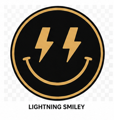 Logo with a smiley face made of lightning bolts on a black circle with 'Lightning Smiley' text below.
