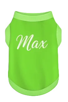 Green pet shirt with 'Max' printed on it against a white background