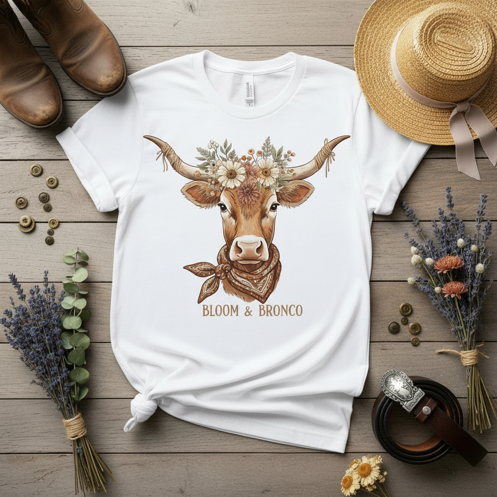 A white graphic T-shirt laid flat on a rustic wood surface, surrounded by styled props including brown boots, a straw hat, dried lavender, buttons, and a small flower. The shirt features a detailed illustration of a longhorn cow with a floral crown and bandana, with the text 'BLOOM & BRONCO' below.