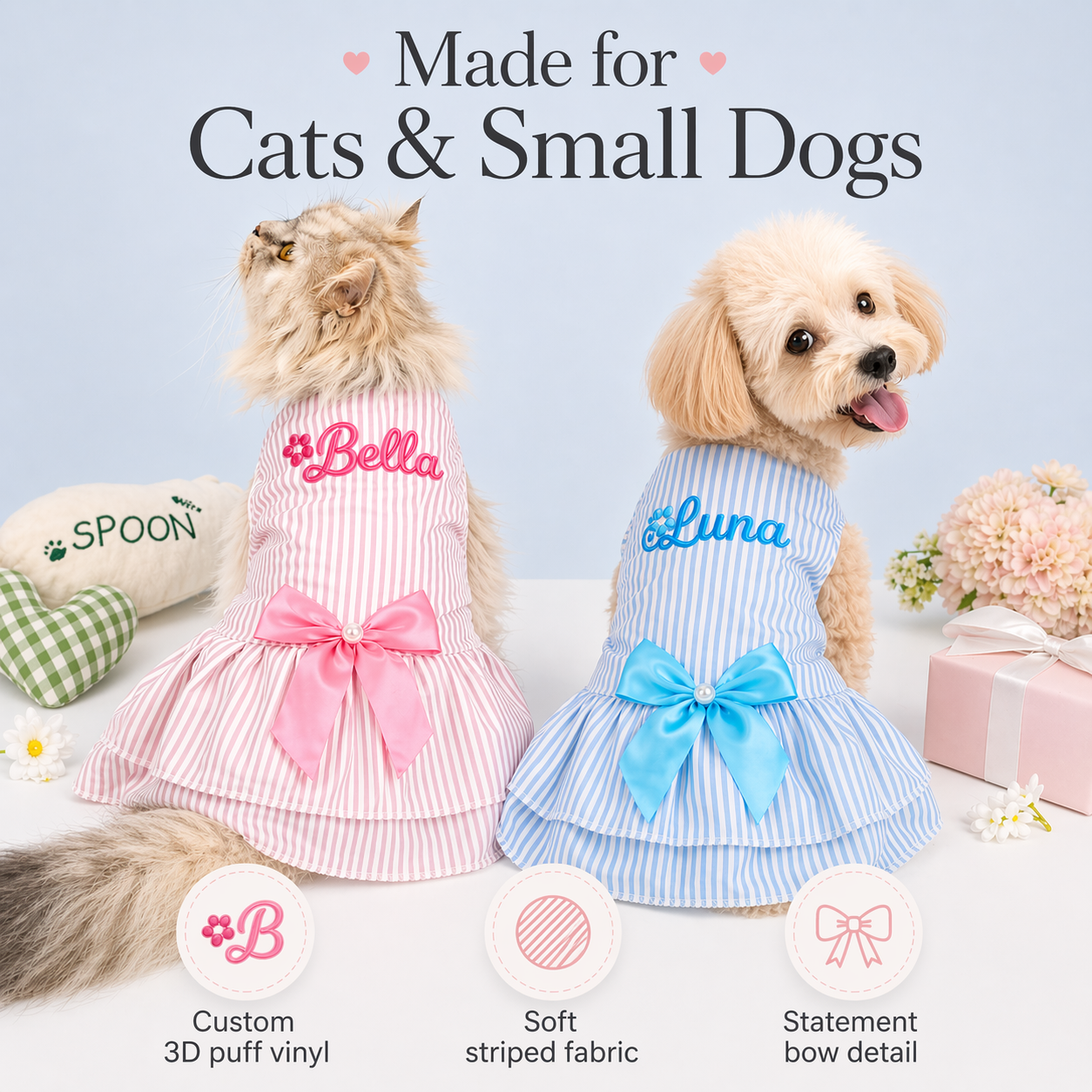 Two dogs wearing dresses labeled 'Bella' and 'Luna' with decorative elements on a light blue background.