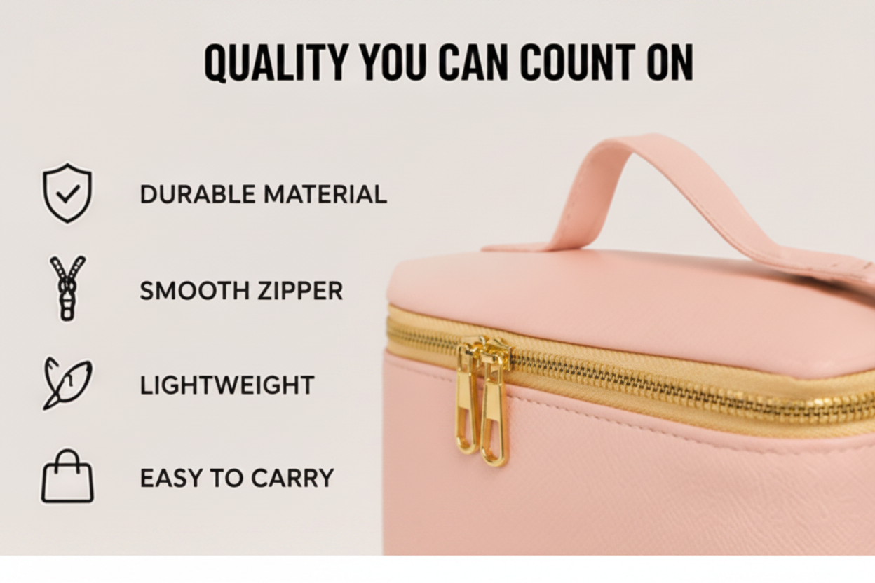 Collage of personalized makeup bags with customizable options and examples.