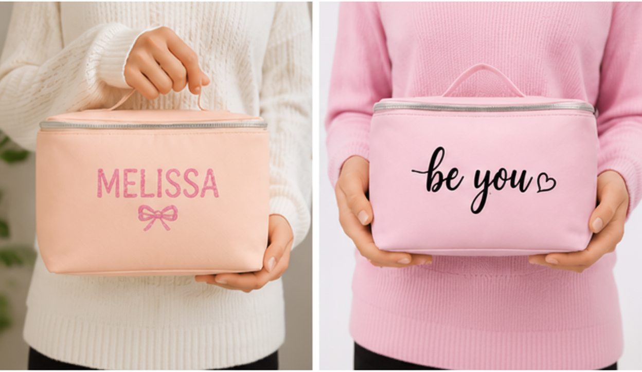 Two pink cosmetic bags, one with 'Melissa' and a bow, the other with 'be you' text.