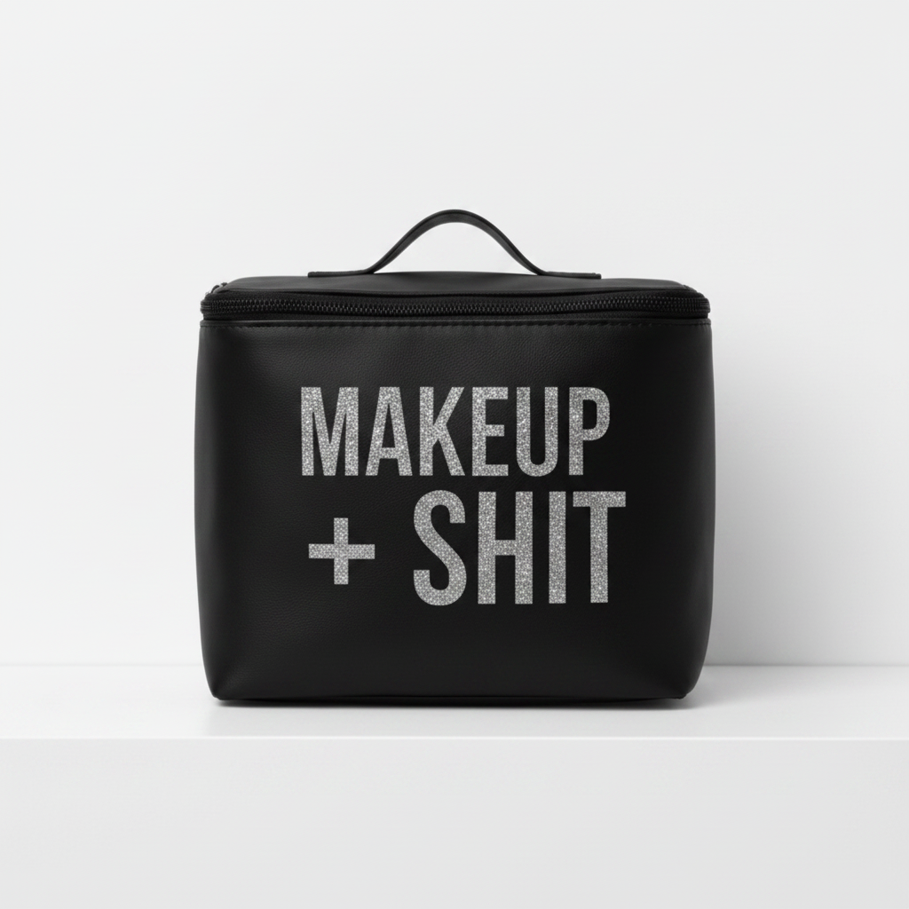 black makeup bag with 'MAKEUP + SHIT' text on a white background