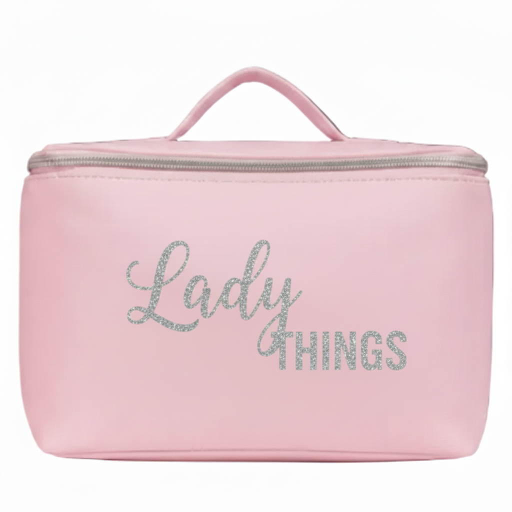 Pink cosmetic bag with 'Lady Things' text on a white background