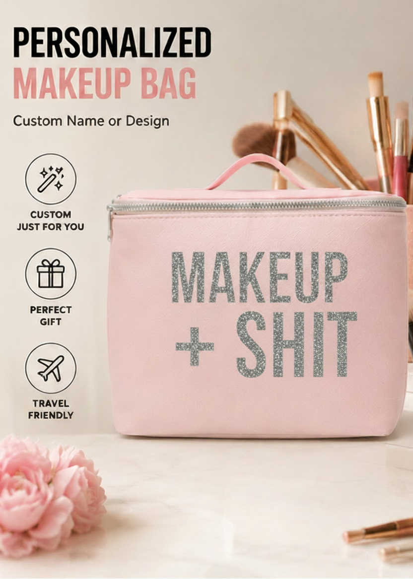 Pink makeup bag with 'MAKEUP + SHIT' text on a light background