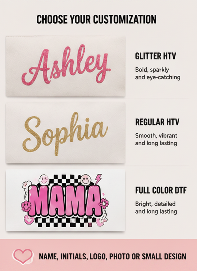 Three customizable text designs with different types of heat transfer vinyl on a white background.