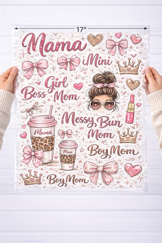 Poster with text and graphics of a woman with a messy bun, coffee cups, and decorative elements on a white background.
