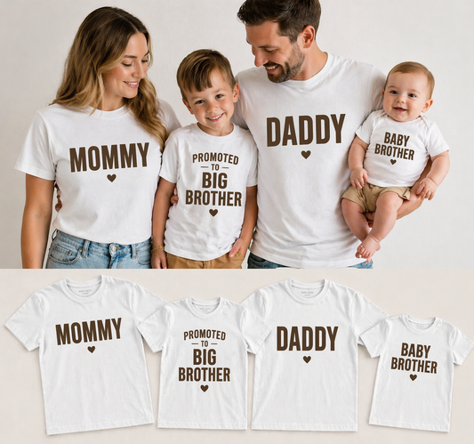 Family of four wearing matching shirts with text indicating family relationships.