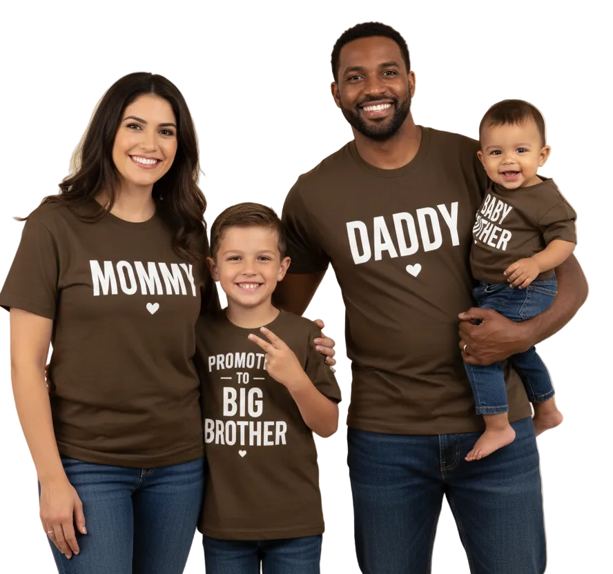 Matching family announcement shirts by Shamus & Co for Mommy, Daddy, big brother, and baby brother in a coordinated set.