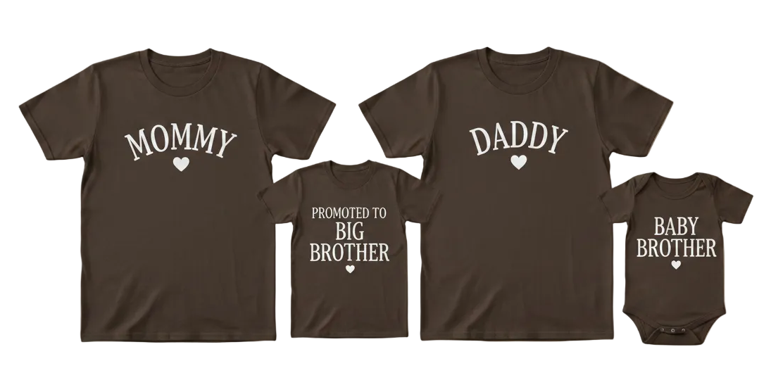 Matching family announcement shirts by Shamus & Co for Mommy, Daddy, Big Brother, and Baby Brother, featuring fun, coordinated designs.