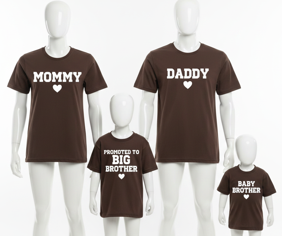 Matching family announcement T-shirts by Shamus & Co for mommy, daddy, big brother, and baby brother in coordinated set.