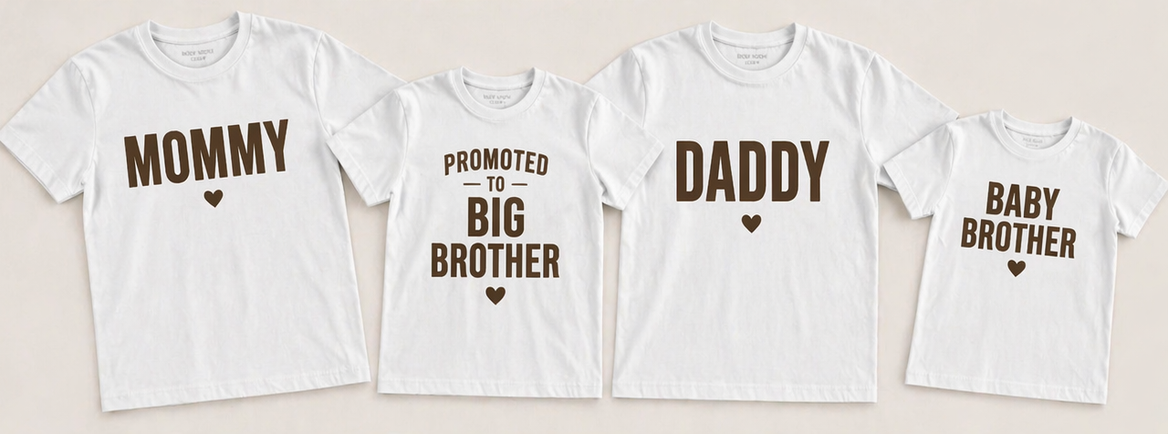 Matching family announcement shirts from Shamus & Co for Mommy, Daddy, Big Brother, and Baby Brother in adult T-shirt styles.
