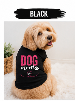 Matching black dog mom and human T-shirts from Shamus & Co, featuring custom pet and mom graphic design.