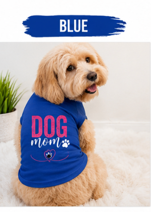 Matching dog mom and human T-shirts in blue by Shamus & Co, featuring custom dog print and comfortable cotton fabric.