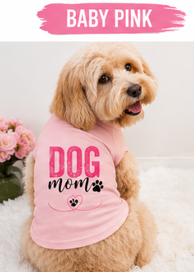 Matching dog mom and human T-shirt set by Shamus & Co featuring pink custom dog shirt and matching tee for women.