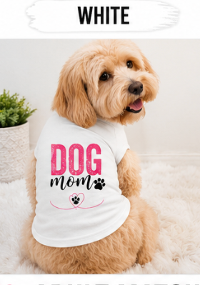 Matching dog mom and human T-shirts from Shamus & Co, featuring a white custom dog shirt and a human tee for pet owners.