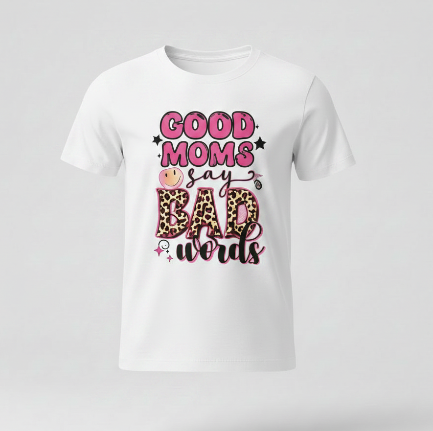 Matching mommy and me T-shirts from Shamus & Co featuring humorous "Good Moms Say Bad Words" design with playful text.