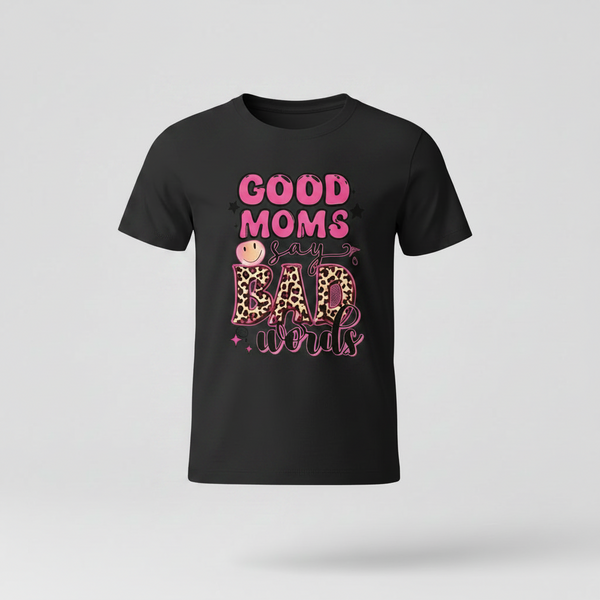 Black t-shirt with pink and leopard print text on a light gray background