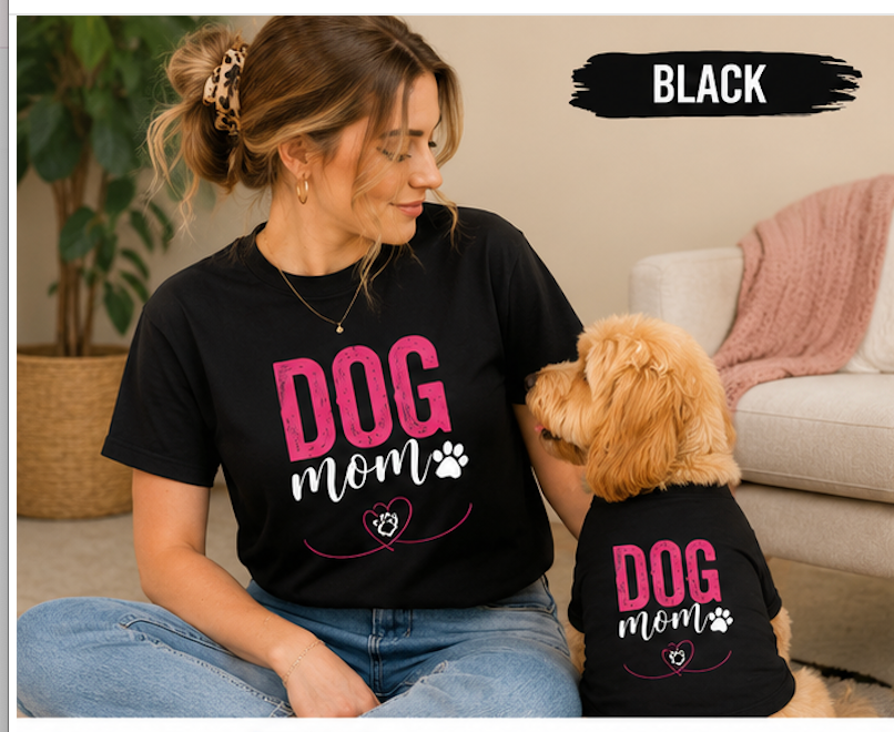 Matching black dog mom and human tees from Shamus & Co, featuring a custom dog shirt and a matching human T-shirt.