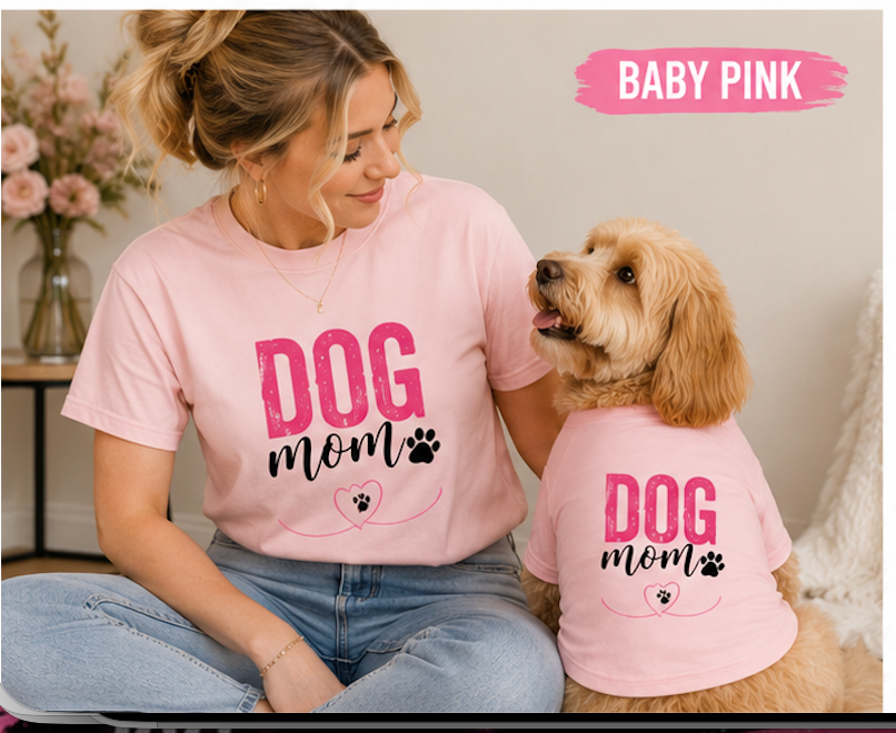 Matching pink dog mom and human tees from Shamus & Co, featuring a custom dog shirt and a stylish human tee for dog lovers.