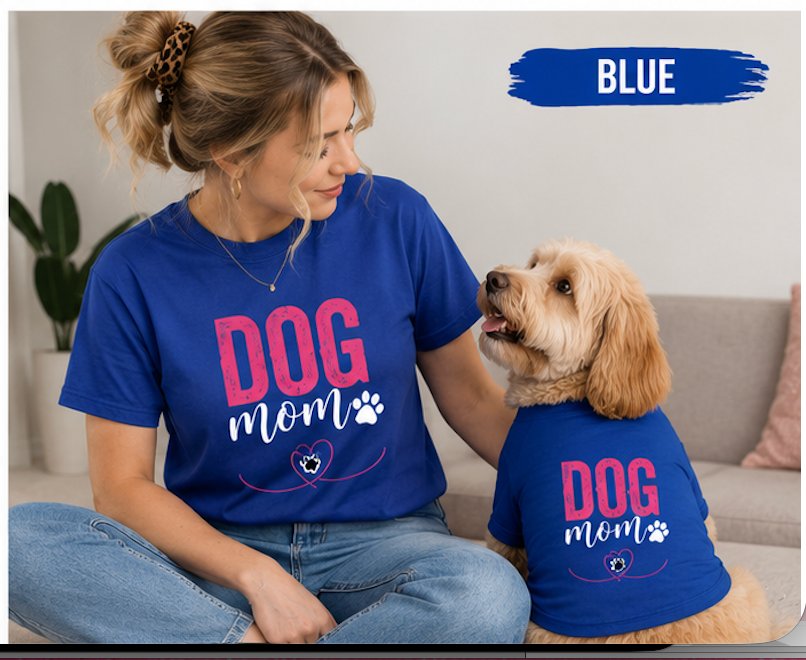 Blue matching dog mom and human T-shirts from Shamus & Co, featuring a custom dog shirt and a coordinating human tee.