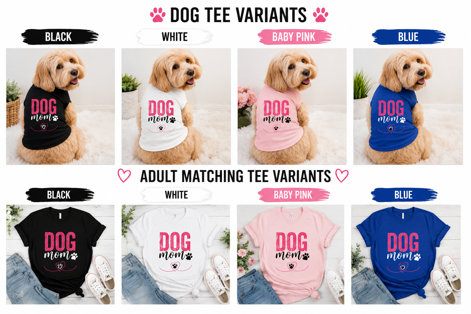 Matching dog mom and human tees from Shamus & Co featuring custom dog shirt and matching human T-shirt on a woman and dog.