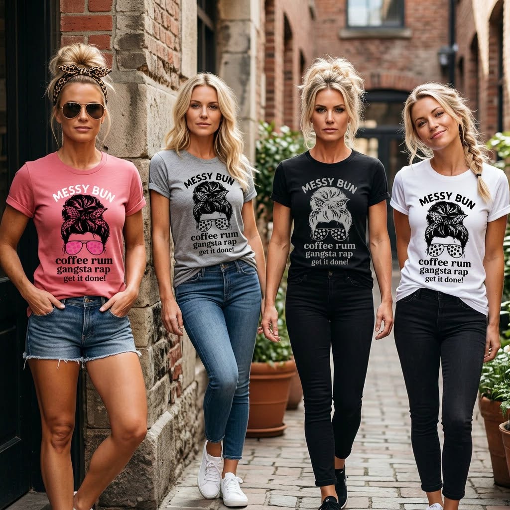 Shamus & Co messy bun shirt featuring a gangster rap-inspired graphic, perfect for busy moms with a casual, stylish look.