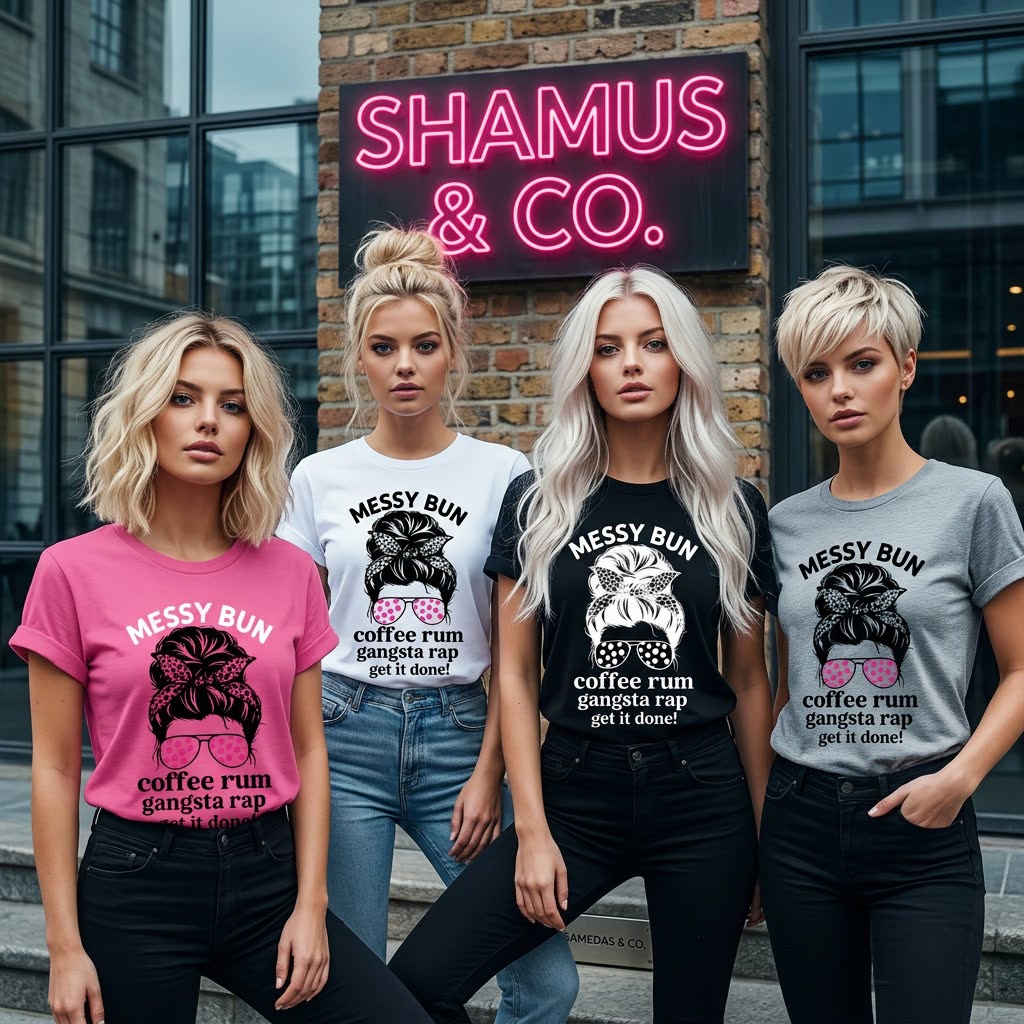 Four women wearing t-shirts with 'Messy Bun' graphics in front of a neon sign reading 'SHAMUS & CO.'
