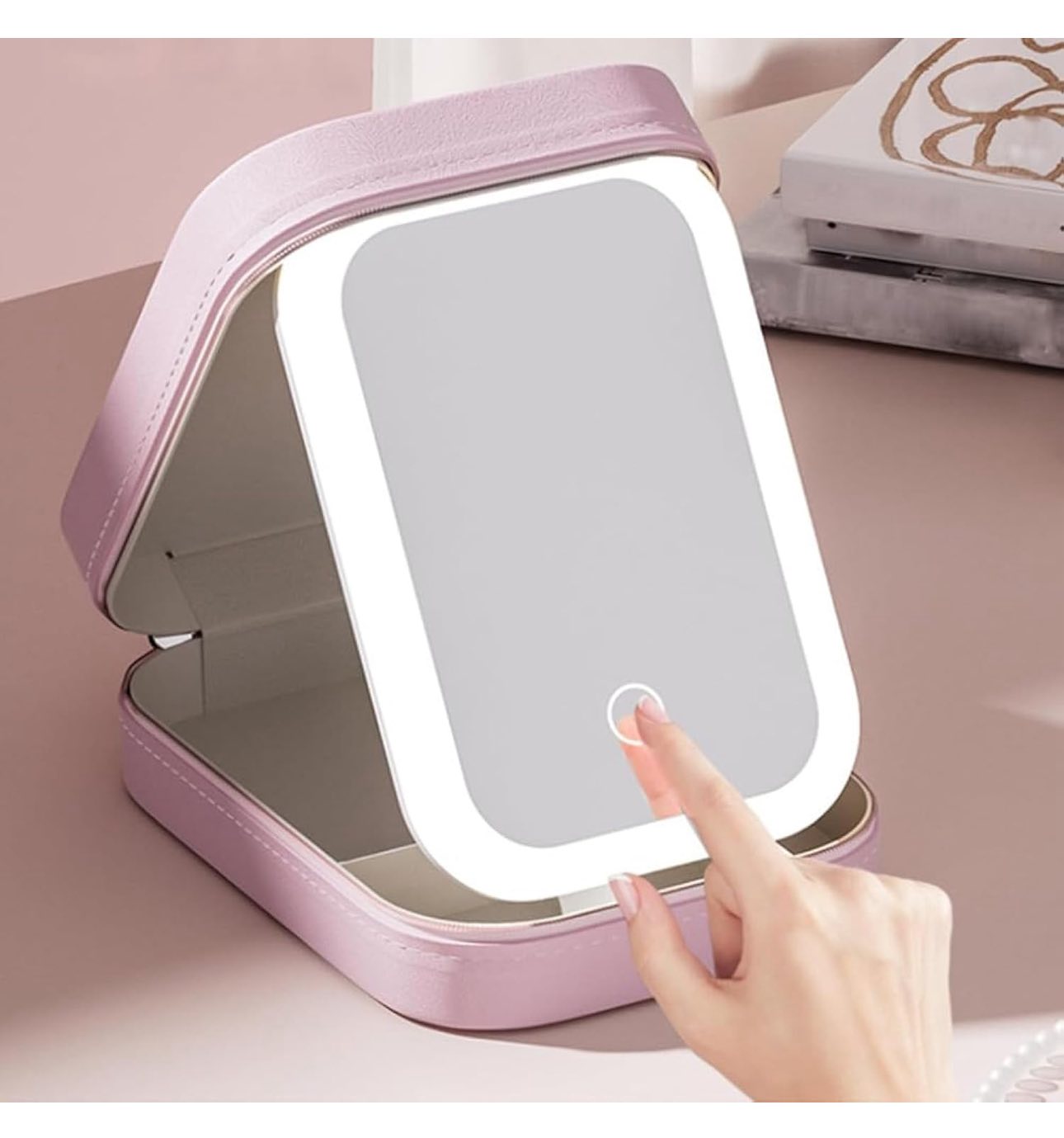 Travel  makeup and/or jewelry travel case leather With  LED mirror - Shamus & Co 