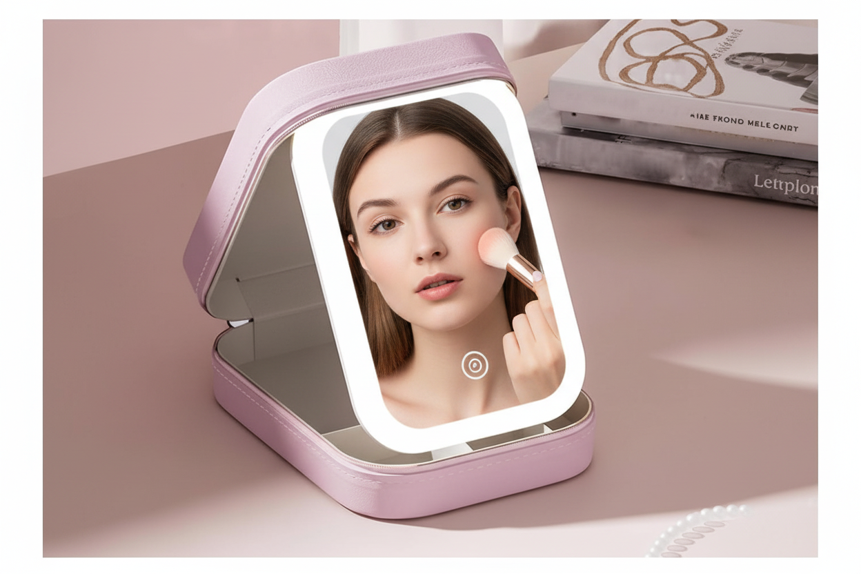Pink handheld mirror with LED lights on a pink surface