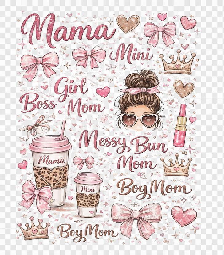 Poster with text and graphics of a woman with a messy bun, coffee cups, and decorative elements on a white background.