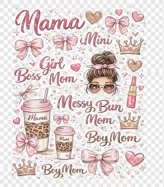 Poster with text and graphics of a woman with a messy bun, coffee cups, and decorative elements on a white background.