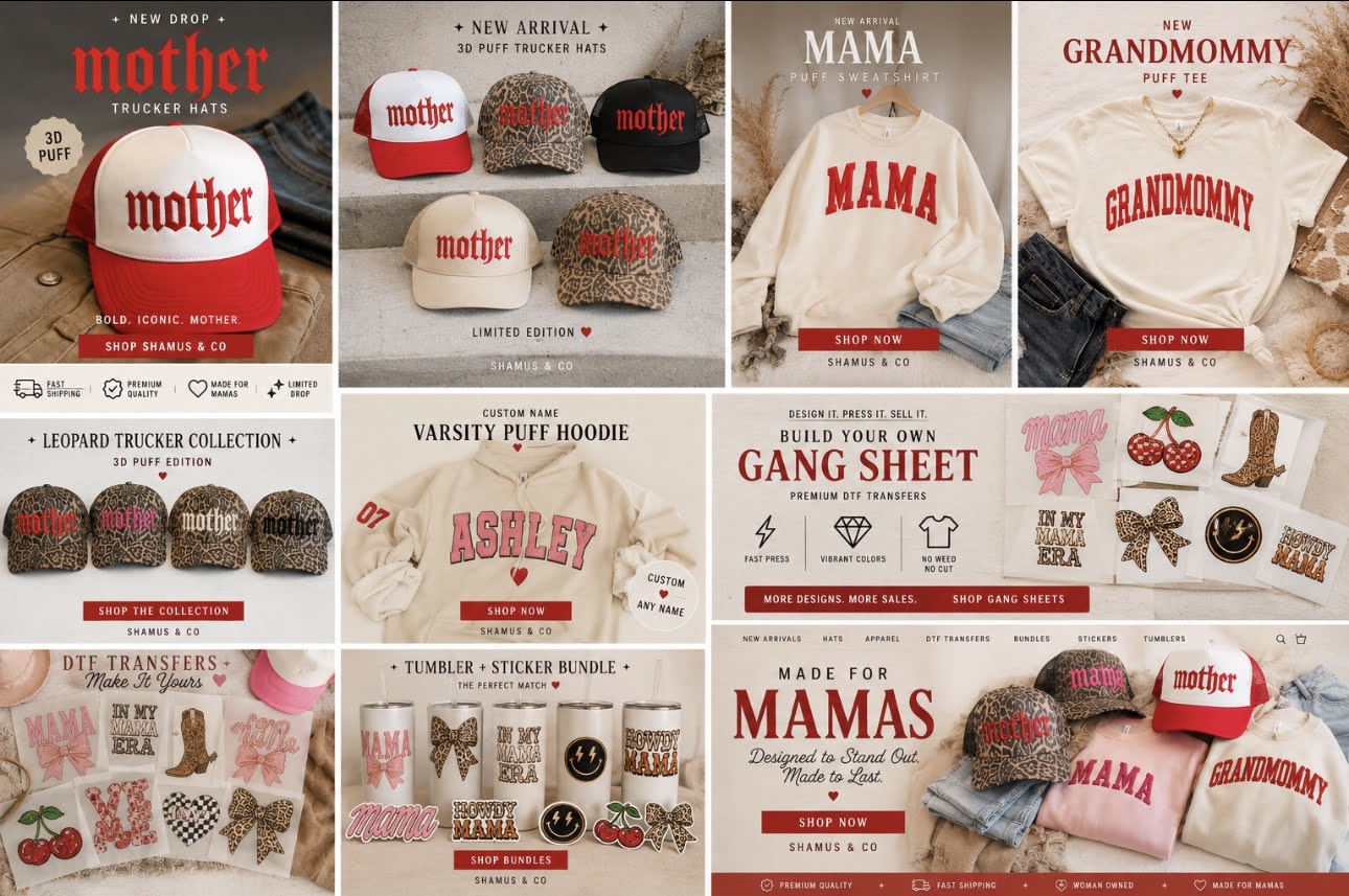 Collage of 'mother' brand merchandise including hats, sweatshirts, and t-shirts with text and graphics.