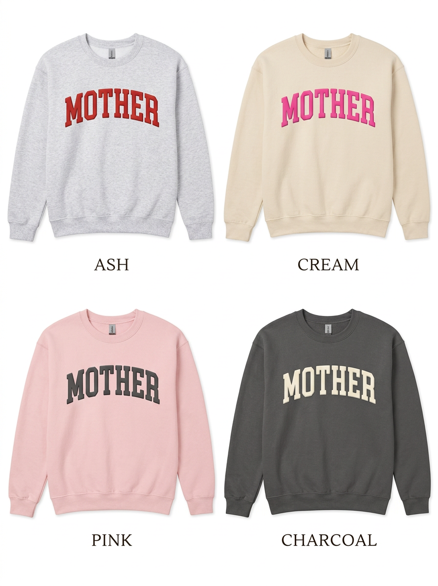 Four sweatshirts in different colors with 'MOTHER' text on a white background
