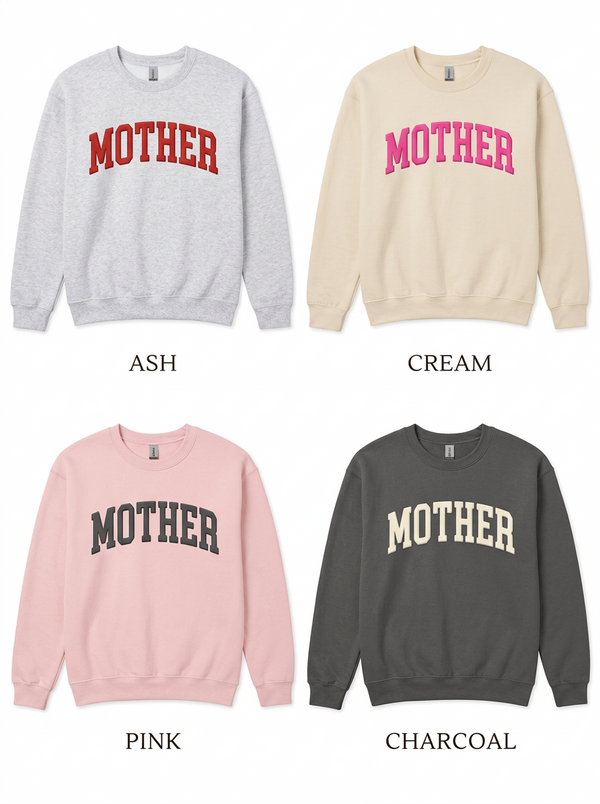 Four sweatshirts in different colors with 'MOTHER' text on a white background
