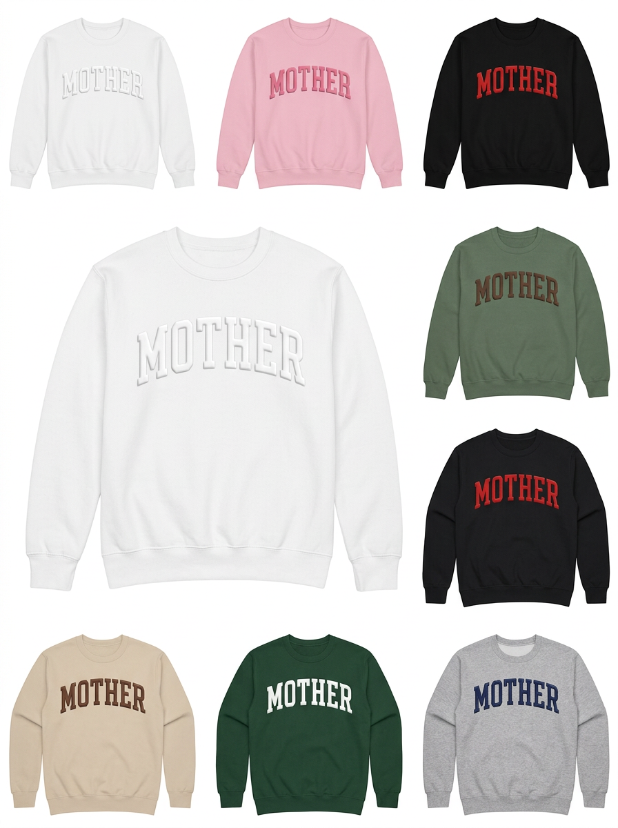 Collection of sweatshirts with 'MOTHER' text in various colors on a white background