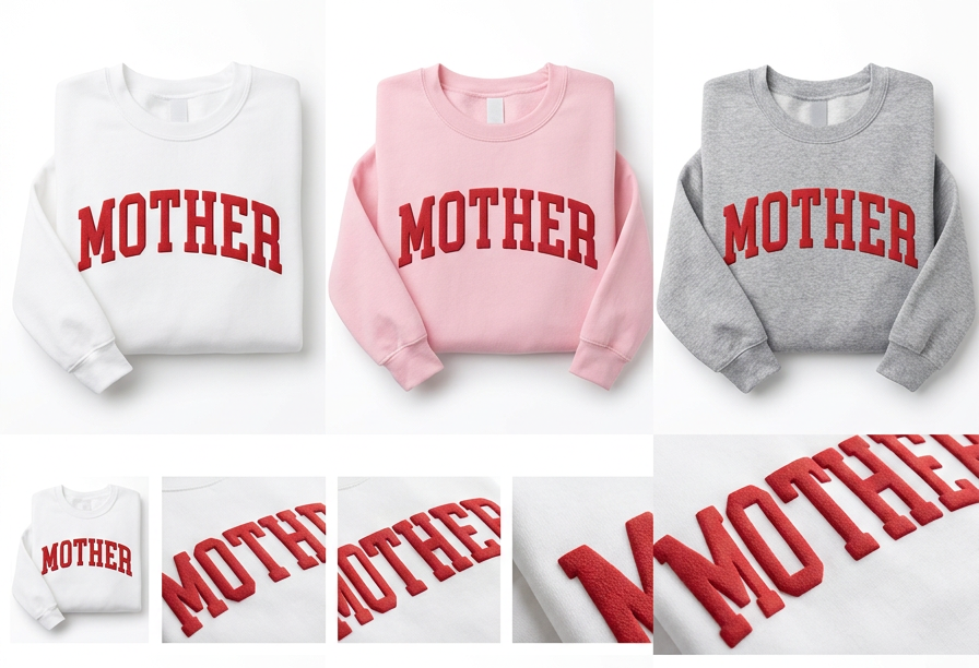 Collection of sweatshirts with 'MOTHER' text in red on a white background