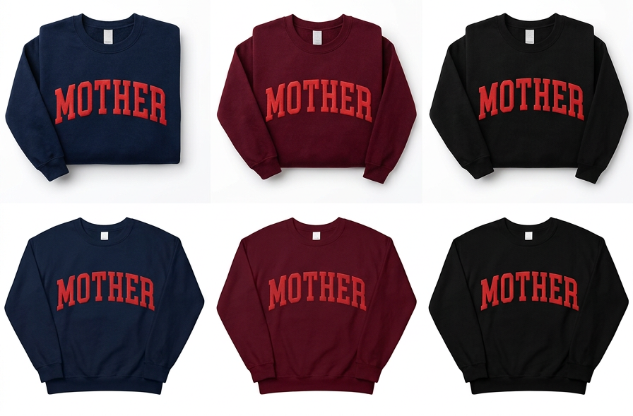 Six sweatshirts with 'MOTHER' printed in red on a white background