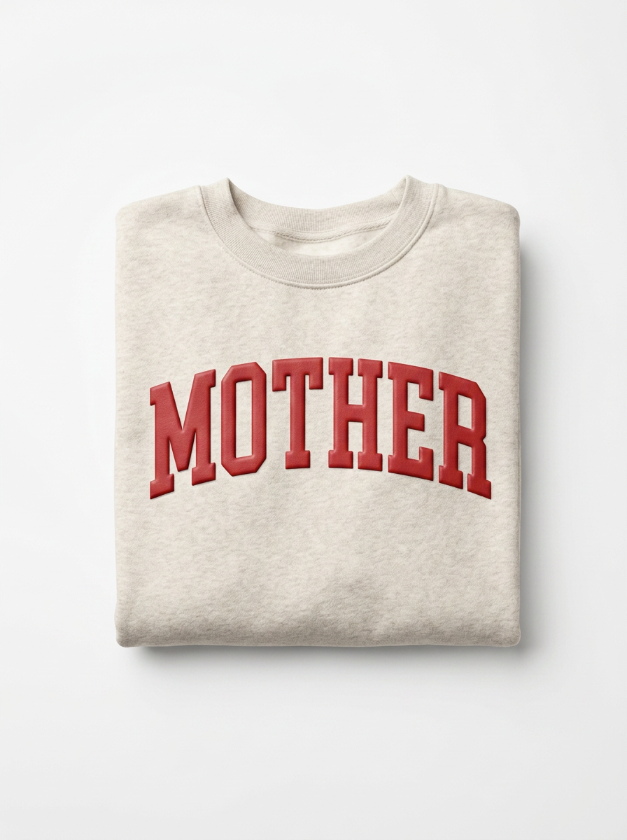 Folded beige sweatshirt with 'MOTHER' in red text on a white background