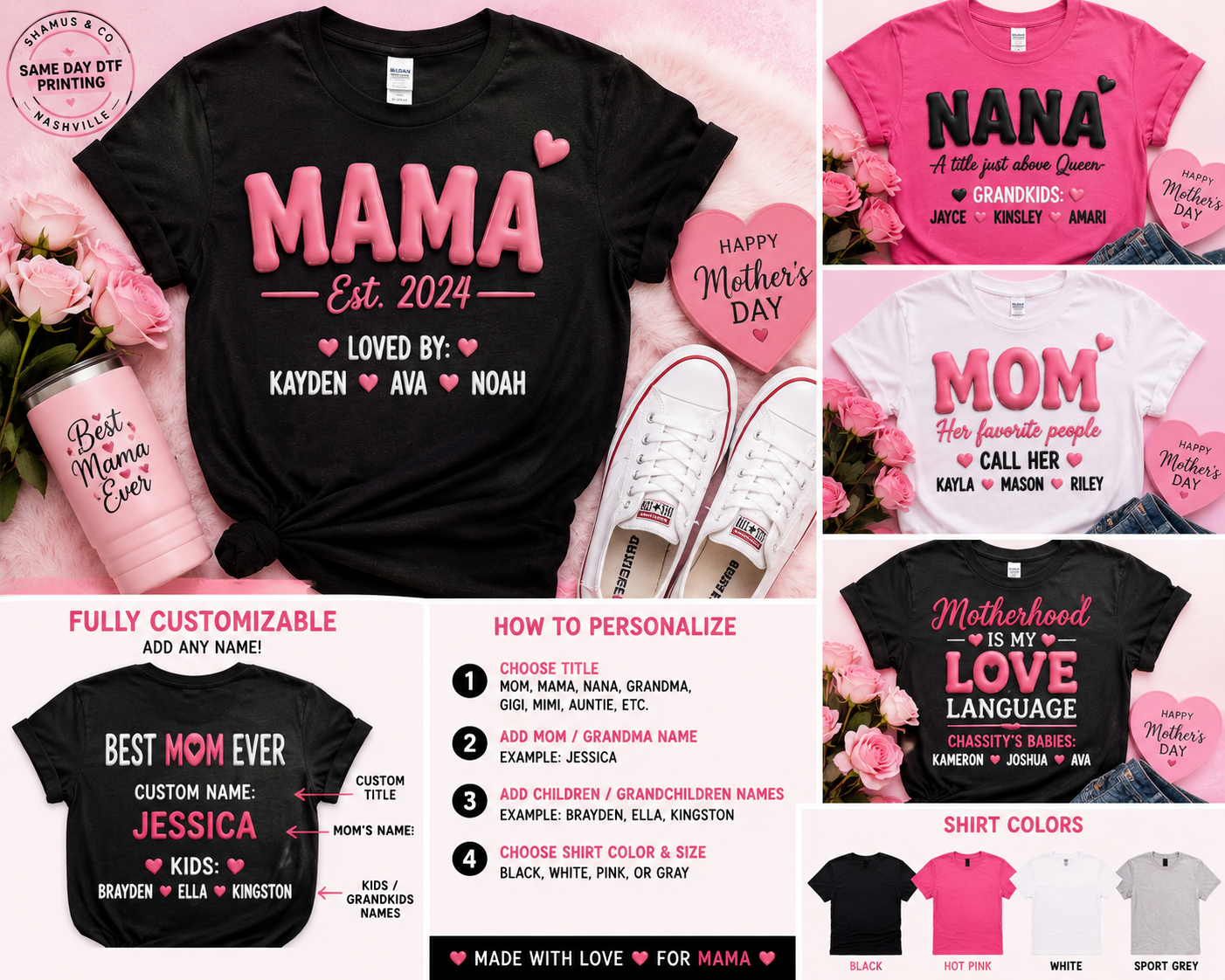 Personalized Mother's Day T-shirt from Shamus & Co featuring custom text for mom or grandma, adult casual tee with floral design.