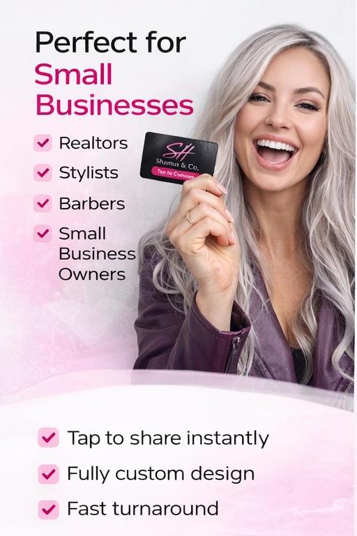 Woman holding a business card with text about its use for small businesses.
