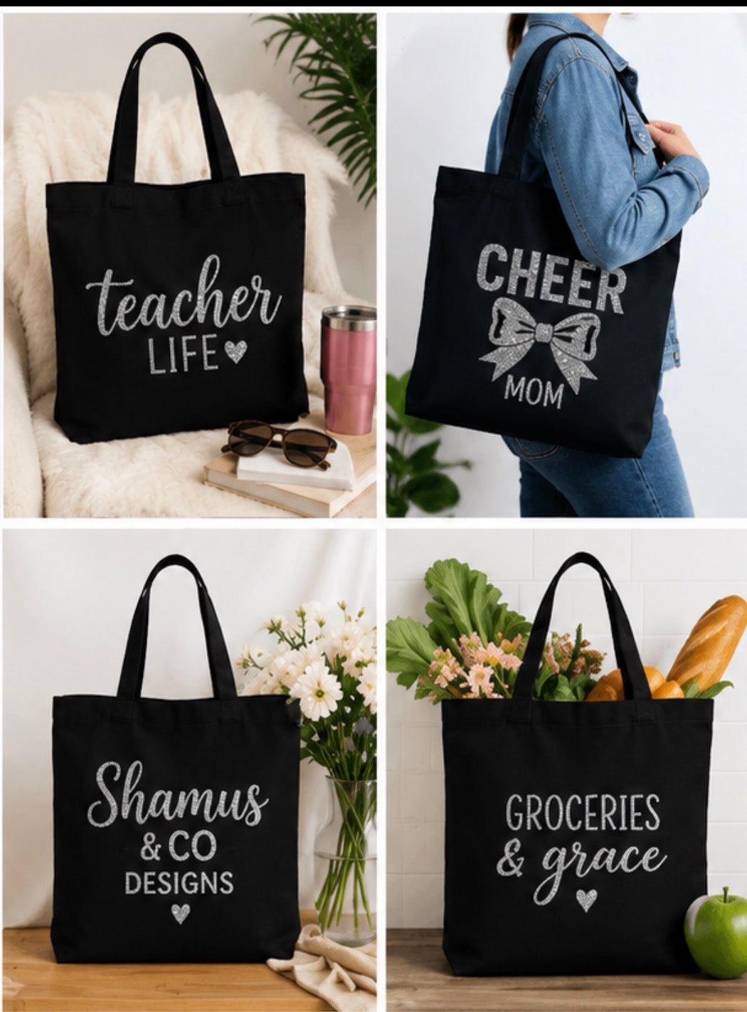 A 2x2 collage showing four black canvas tote bags with white printed text and graphics. The top-left bag says 'teacher LIFE' and is shown on a white chair with sunglasses and a tumbler nearby.