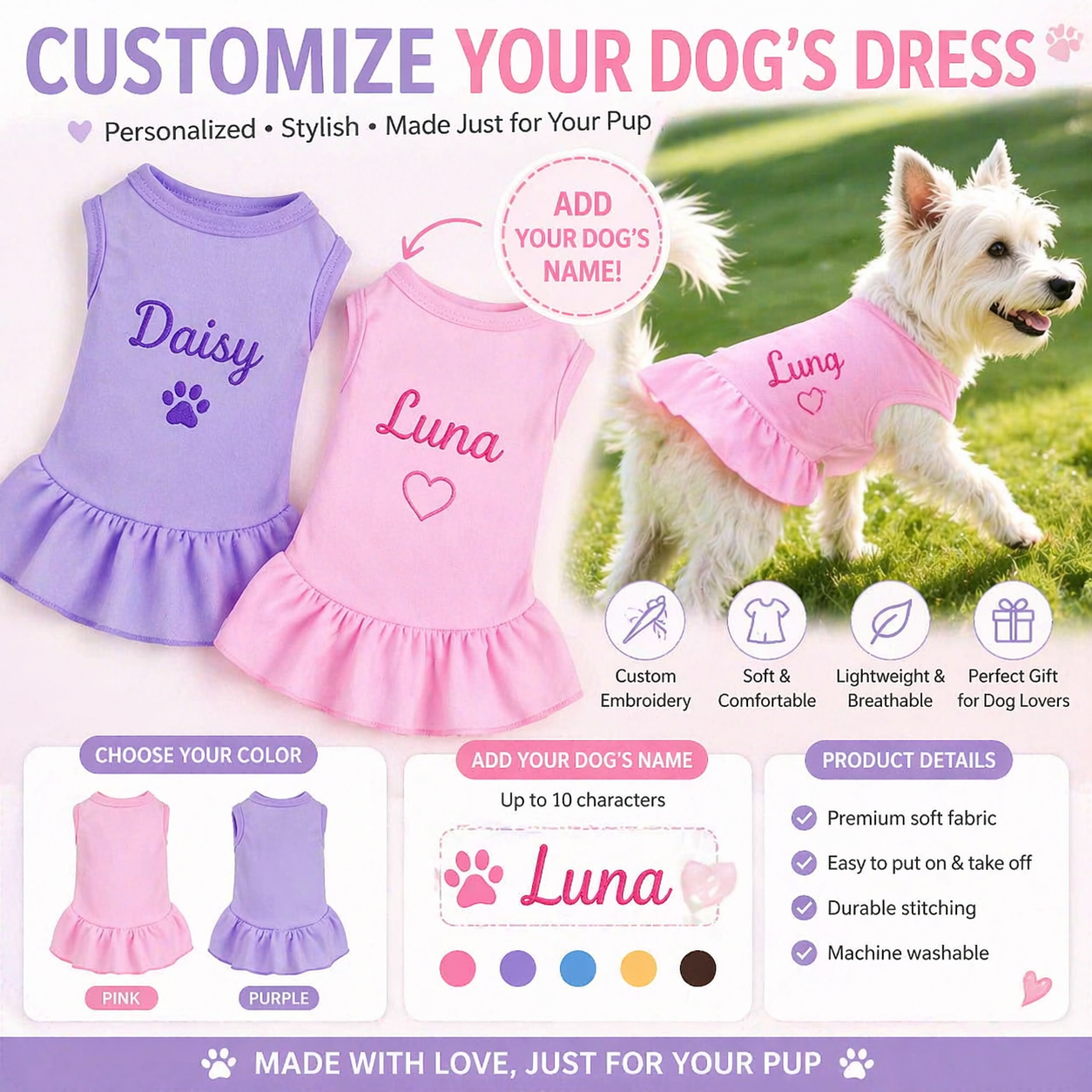 Dog dresses with customizable names and colors, featuring a white dog wearing a pink dress.