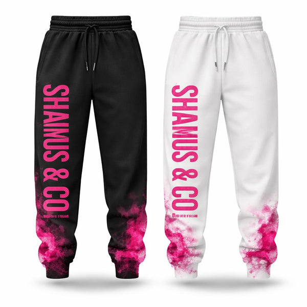 Black and white sweatpants with pink 'SHAIMUS & CO' text and tie-dye design on a white background