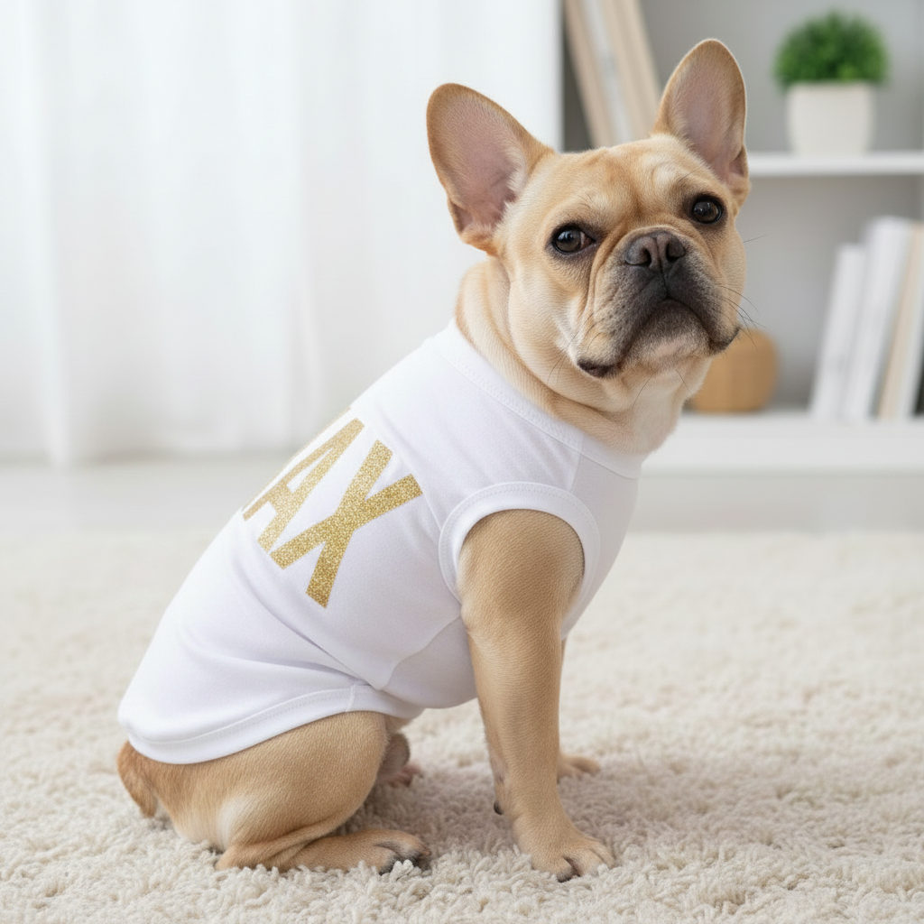 Dog wearing a white shirt with gold text on a carpeted floor.