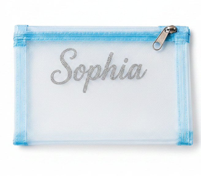 A light blue mesh zipper pouch with the name 'Sophia' personalized in glittery silver cursive script, shown on a plain white background.