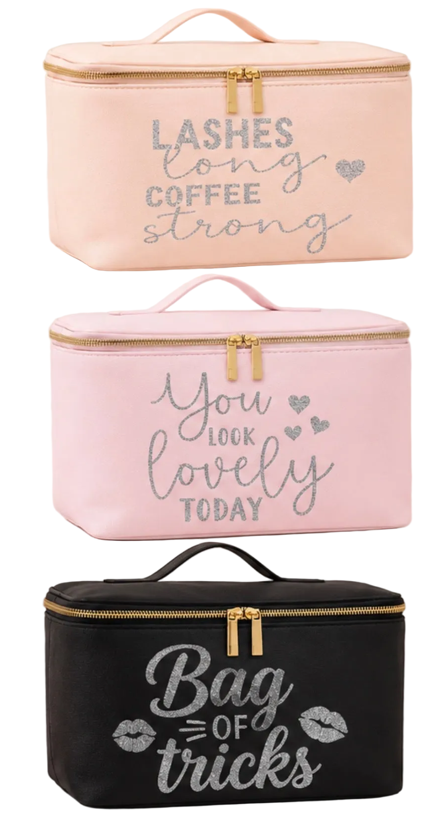 Set of three makeup bags with motivational text on a white background