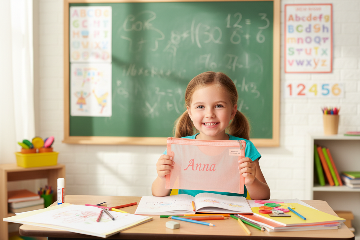 A young girl with blonde hair sits at a desk in a bright classroom, holding up a pink notebook cover personalized with the name 'Anna' in red script. The background features a green chalkboard with mathematical equations, colorful educational posters, and school supplies on a wooden desk.