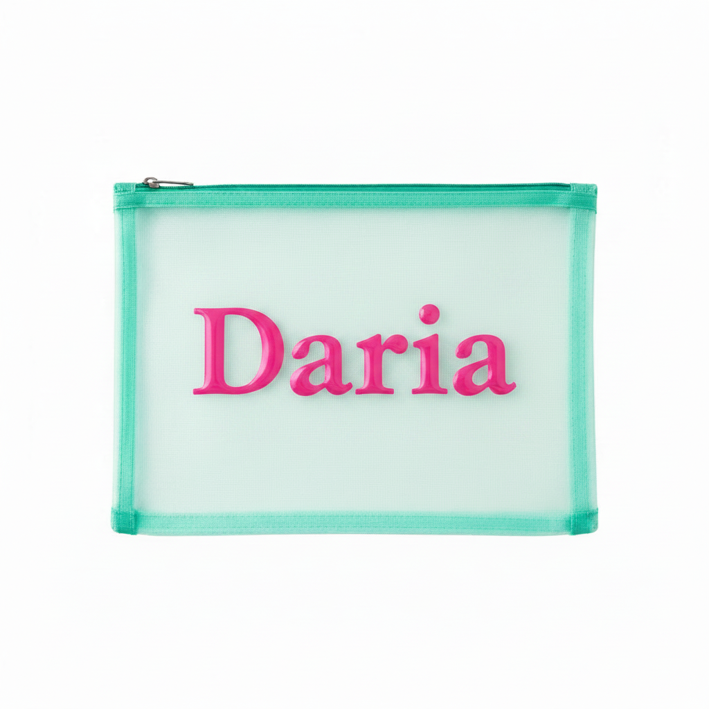 Five translucent mesh zippered pencil cases in pastel colors, each personalized with a different name in cursive script. The cases are arranged in a cascading stack on a plain white background.